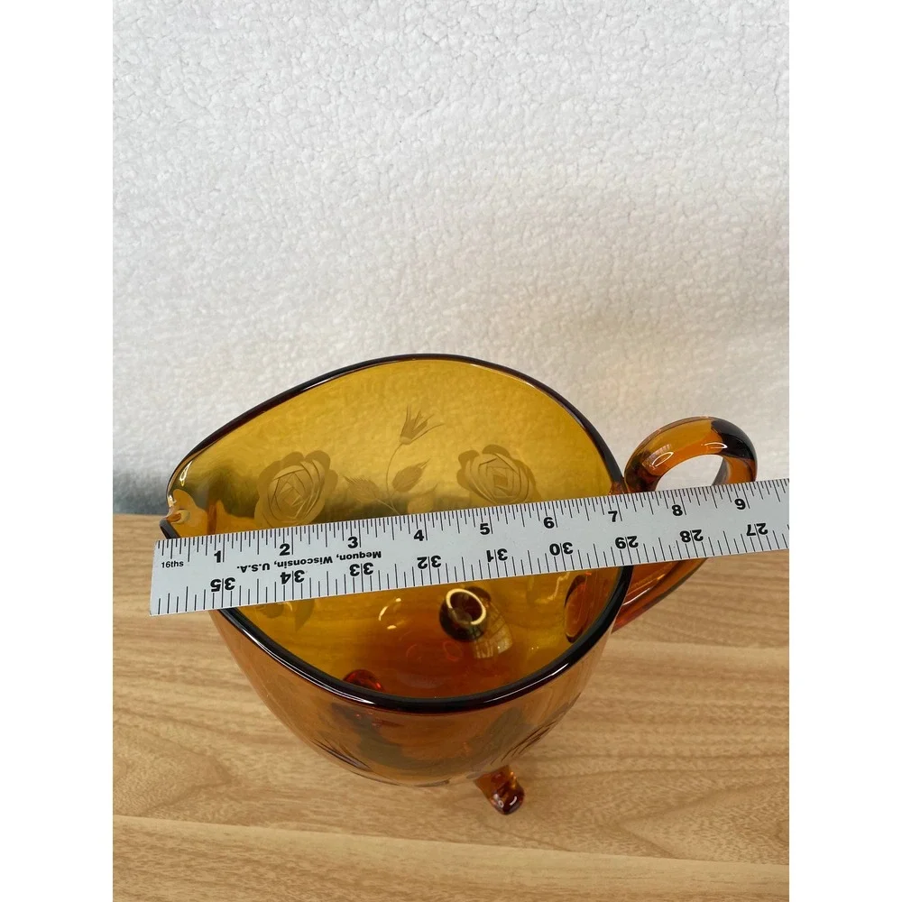Vintage Amber Glass Pitcher Etched‎ Floral Rose Design 3-Footed Tripod 9.5 Inch